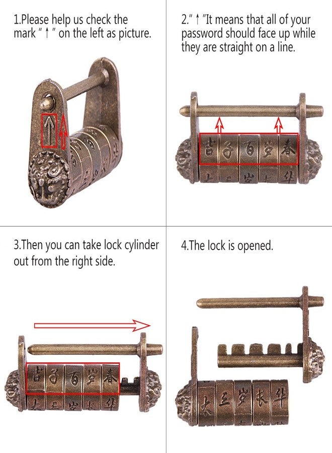 GTHER Antique Vintage Chinese Characters Combination Password Lock Padlock Decorative Old Oriental Traditional Small Lock Bronze with Bag for Wooden Jewelry Box, 50x27mm - Image 4