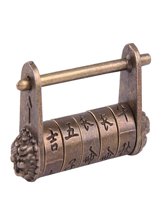 GTHER Antique Vintage Chinese Characters Combination Password Lock Padlock Decorative Old Oriental Traditional Small Lock Bronze with Bag for Wooden Jewelry Box, 50x27mm - Image 1