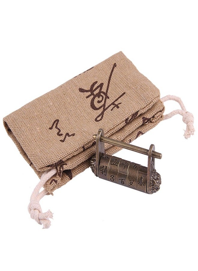 GTHER Antique Vintage Chinese Characters Combination Password Lock Padlock Decorative Old Oriental Traditional Small Lock Bronze with Bag for Wooden Jewelry Box, 50x27mm - Image 2