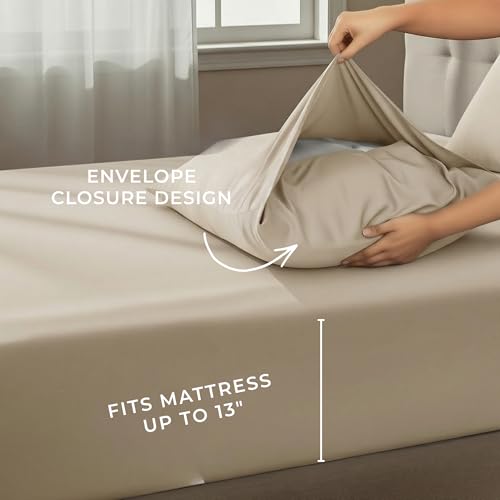 Peru Pima 600 Thread Count Sateen Queen Sheet Set - 100% Peruvian Pima Cotton, 4 Piece (Flat, Fitted, 2 Pillowcases) - Cooling, Crisp, Deep Pocket, Hotel Quality Bedding - Latte - Image 3