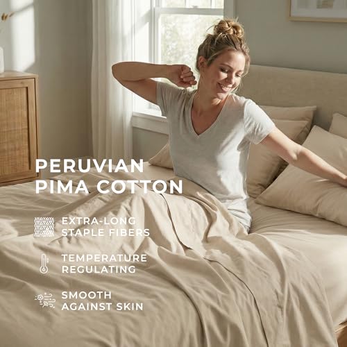 Peru Pima 600 Thread Count Sateen Queen Sheet Set - 100% Peruvian Pima Cotton, 4 Piece (Flat, Fitted, 2 Pillowcases) - Cooling, Crisp, Deep Pocket, Hotel Quality Bedding - Latte - Image 4