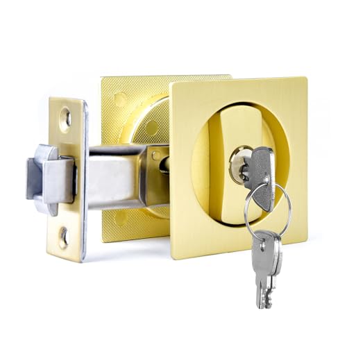 Dontay Keyed Pocket Door LockFlush Mount Recessed Knob238 inch BacksetSquare Bed Bath Hardware Fit Sliding Barn Interior Door Thickness 138 to 2316 inchSatin Brass1 - Image 1