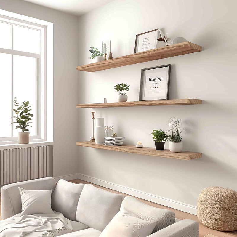 YYWUOJJ Wood Floating Shelves for Wall Decor, Rustic Wall Shelves for Bedroom Bathroom Kitchen Living Room, Set of 4 Light Walnut 48 Inch - Image 4