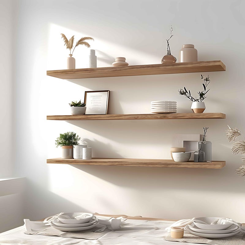YYWUOJJ Wood Floating Shelves for Wall Decor, Rustic Wall Shelves for Bedroom Bathroom Kitchen Living Room, Set of 4 Light Walnut 48 Inch - Image 5