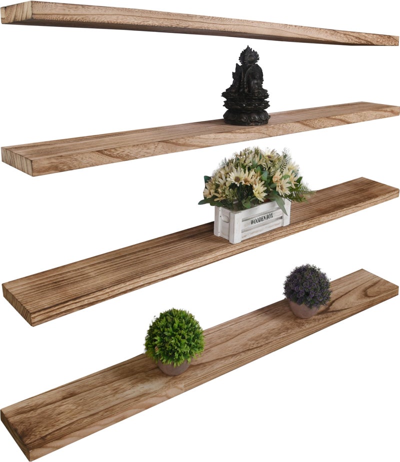 YYWUOJJ Wood Floating Shelves for Wall Decor, Rustic Wall Shelves for Bedroom Bathroom Kitchen Living Room, Set of 4 Light Walnut 48 Inch - Image 1