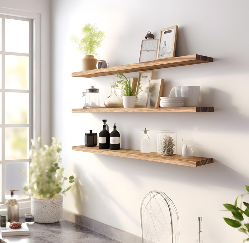 YYWUOJJ Wood Floating Shelves for Wall Decor, Rustic Wall Shelves for Bedroom Bathroom Kitchen Living Room, Set of 4 Light Walnut 48 Inch - Image 2