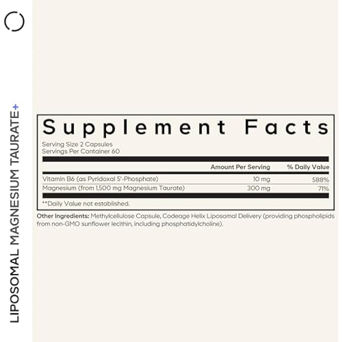 Codeage Liposomal Magnesium Taurate+ Supplement - Magnesium Taurate, Vitamin B6 as Pyridoxal 5-Phosphate, 2-Month Supply - Liposomal Delivery, Vegan, Non-GMO, Gluten-Free, 120 Capsules - Image 2