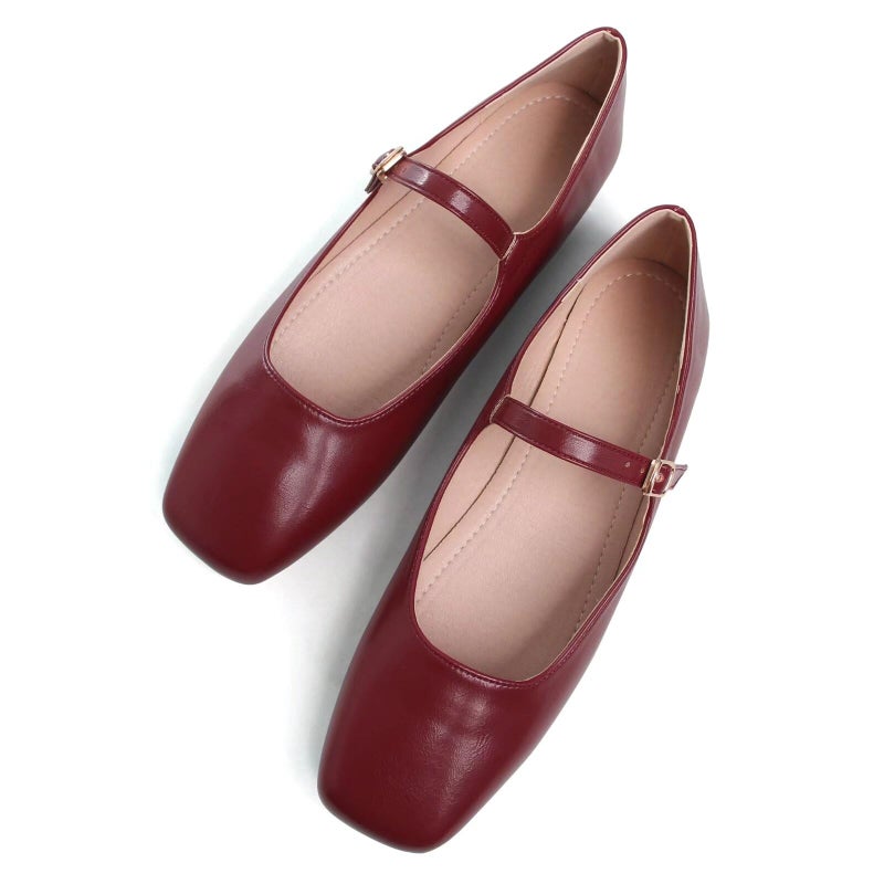 Stunner Womens Mary Jane Flats Fashion Square Toe Soft Ballet Flats Comfort Leather Office Driving Flats Dark red 387