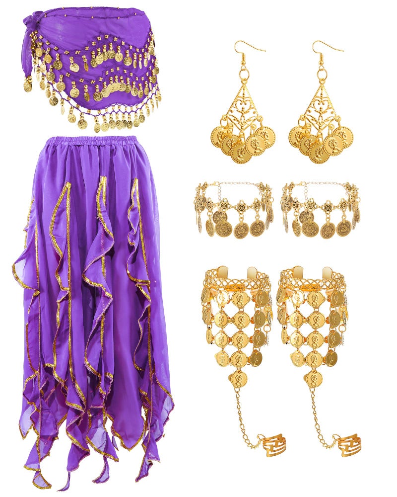 Haysandy 8 Pcs Belly Dance Outfit Sets Women,Belly Dance Skirt, Hip Scarf, 2 Bracelets, Earrings, Anklet Bracelet (Purple) - Image 1