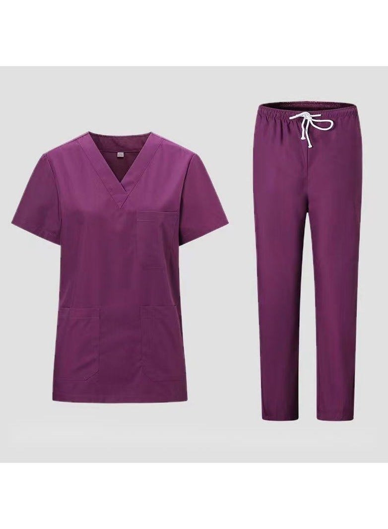 Man Solid V Neck Medical Scrubs Set，Medical Uniform Stretch Contrast Binding Top and Pants - Image 1