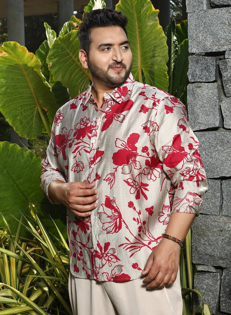 Instafab Plus Instafab Plus Men's Scarlet Red Freesia-Imprint Shirt For Casual Wear | Spread Collar | Long Cuffed Sleeves | Button Closure | Plus Size Shirt Crafted With Comfort Fit For Everyday Wear
