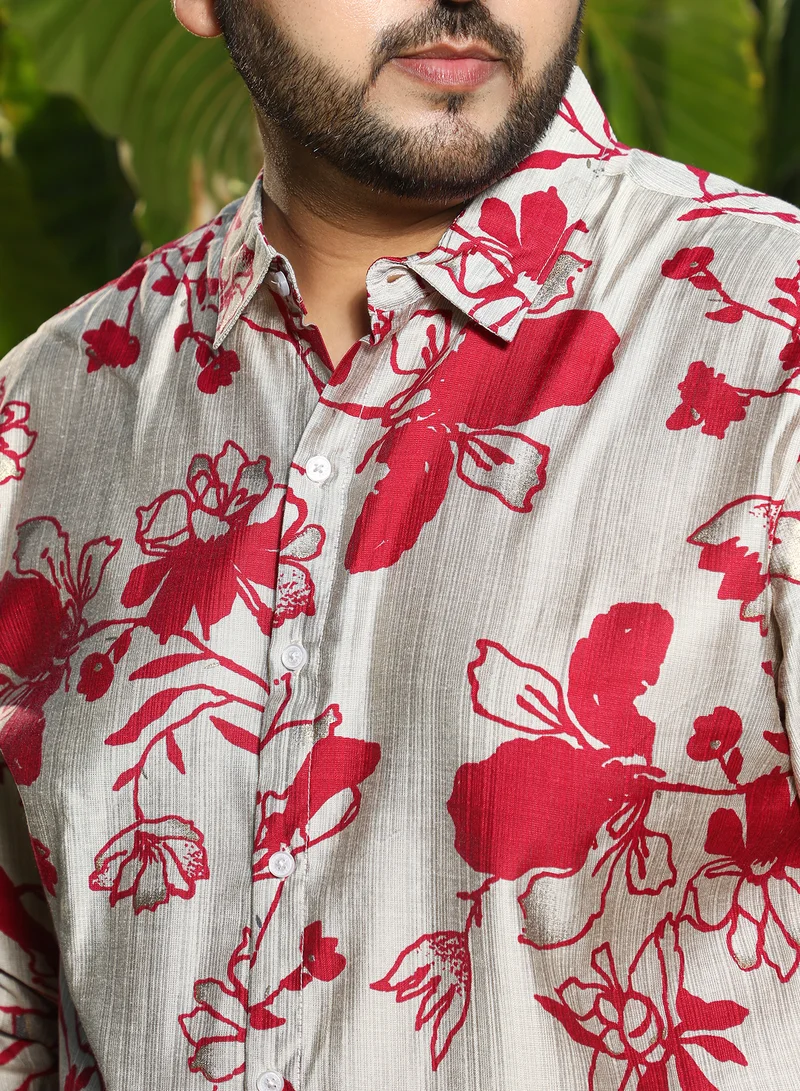 Instafab Plus Instafab Plus Men's Scarlet Red Freesia-Imprint Shirt For Casual Wear | Spread Collar | Long Cuffed Sleeves | Button Closure | Plus Size Shirt Crafted With Comfort Fit For Everyday Wear