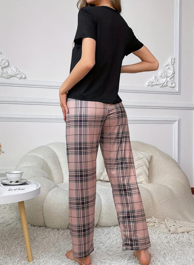 Take Two Black Plaid Pocket Print T-Shirt and Shorts Set - Image 3