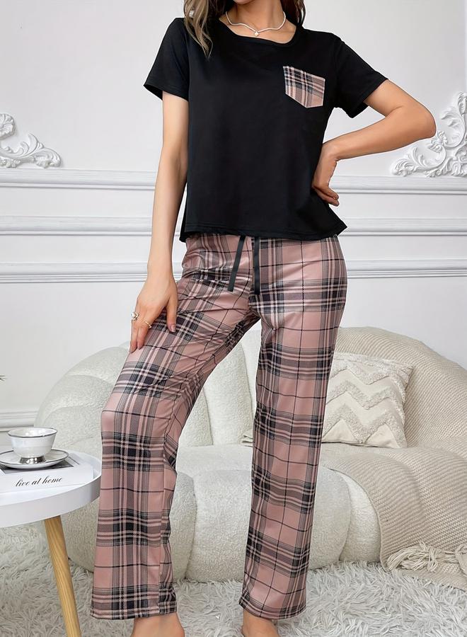 Take Two Black Plaid Pocket Print T-Shirt and Shorts Set - Image 4