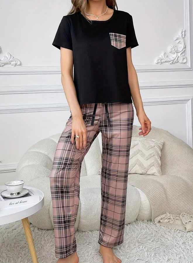 Take Two Black Plaid Pocket Print T-Shirt and Shorts Set