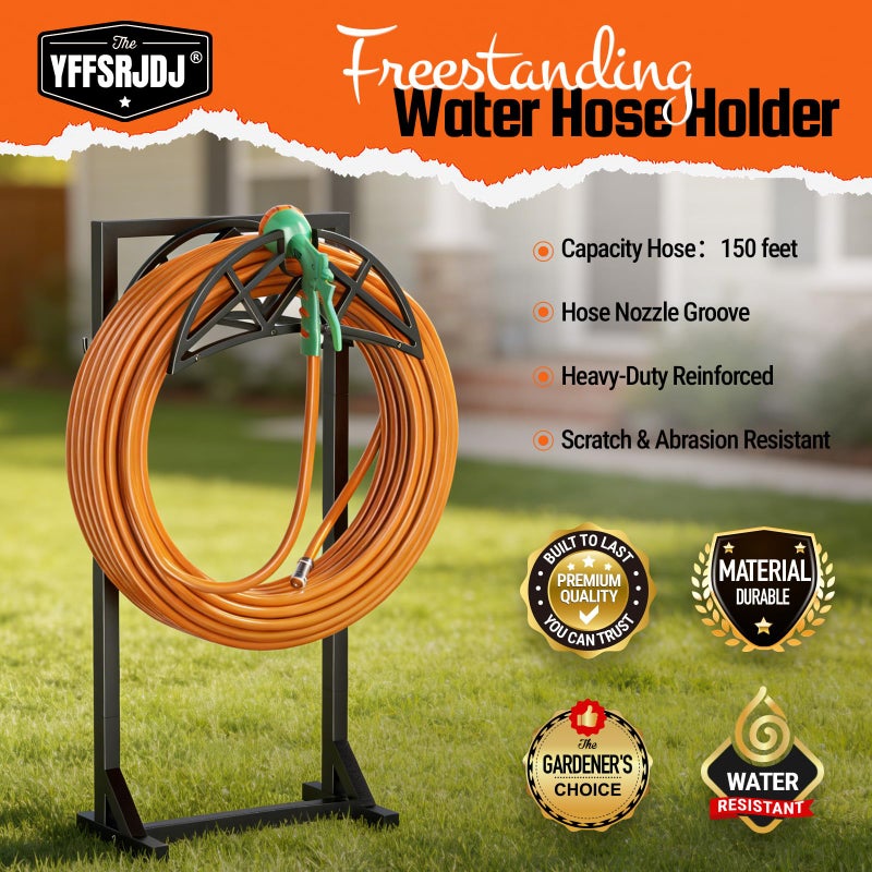 YFFSRJDJ Garden Hose Holder, Heavy-Duty Metal Stand with Stable Base & 2 Tool Hooks, Freestanding Storage Rack for Outside, Holds 150ft â€“ Hose Holders for Yard & Lawn - Image 3