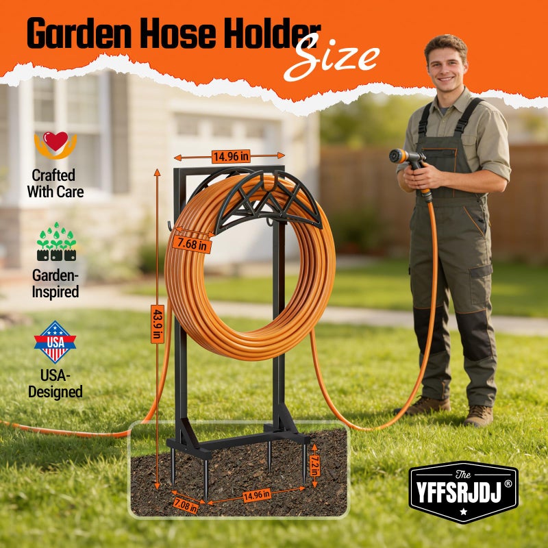 YFFSRJDJ Garden Hose Holder, Heavy-Duty Metal Stand with Stable Base & 2 Tool Hooks, Freestanding Storage Rack for Outside, Holds 150ft â€“ Hose Holders for Yard & Lawn - Image 4
