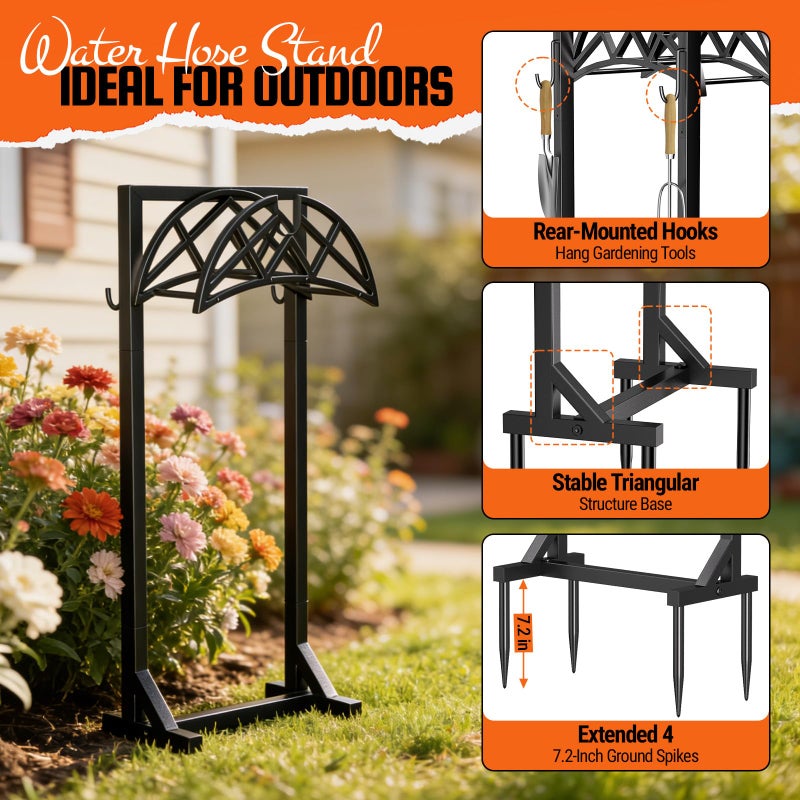 YFFSRJDJ Garden Hose Holder, Heavy-Duty Metal Stand with Stable Base & 2 Tool Hooks, Freestanding Storage Rack for Outside, Holds 150ft â€“ Hose Holders for Yard & Lawn - Image 5