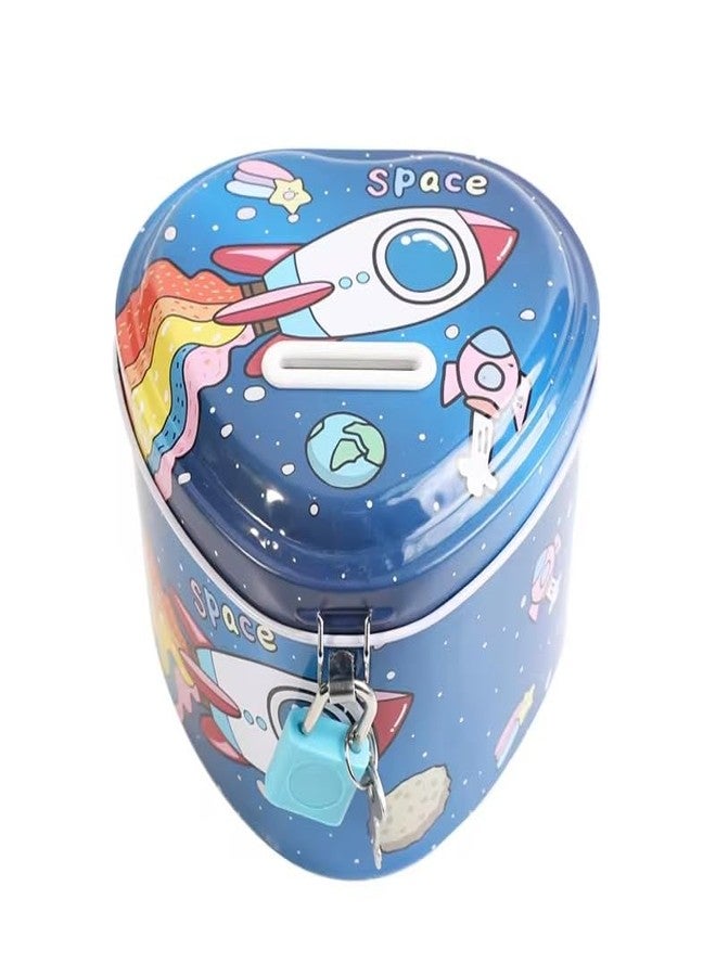RETRIX Space-Themed Metal Heart Shape Piggy Money Bank Gullak for Kids with Lock and Key, Coin Savings Box for Boys & Girls, Perfect Birthday Return Gift (Rocket Blue) - Image 1