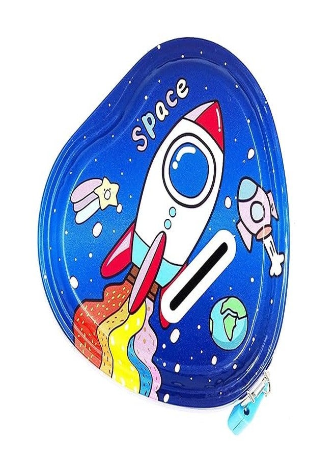 RETRIX Space-Themed Metal Heart Shape Piggy Money Bank Gullak for Kids with Lock and Key, Coin Savings Box for Boys & Girls, Perfect Birthday Return Gift (Rocket Blue) - Image 3