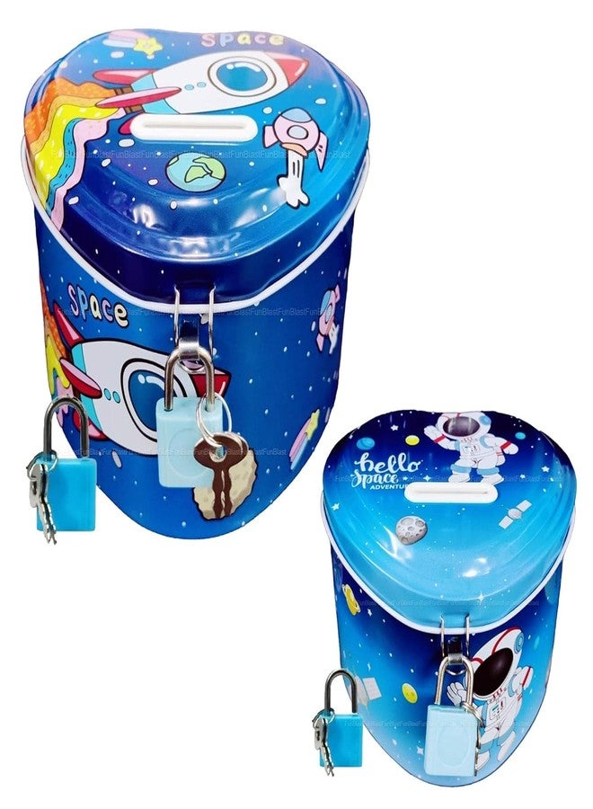 RETRIX Space-Themed Metal Heart Shape Piggy Money Bank Gullak for Kids with Lock and Key, Coin Savings Box for Boys & Girls, Perfect Birthday Return Gift (Rocket Blue) - Image 2
