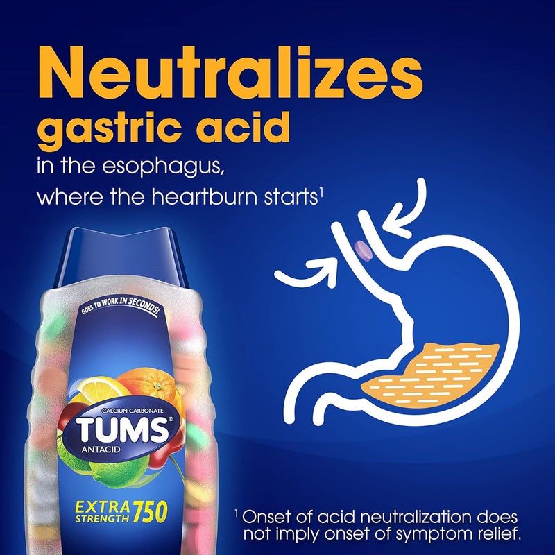 TUMS أقراص تومس القابلة للمضغ مضادة للحموضة قوة إضافية لتخفيف حرقة المعدة بنكهات فواكه متنوعة 96 حبة - Image 4