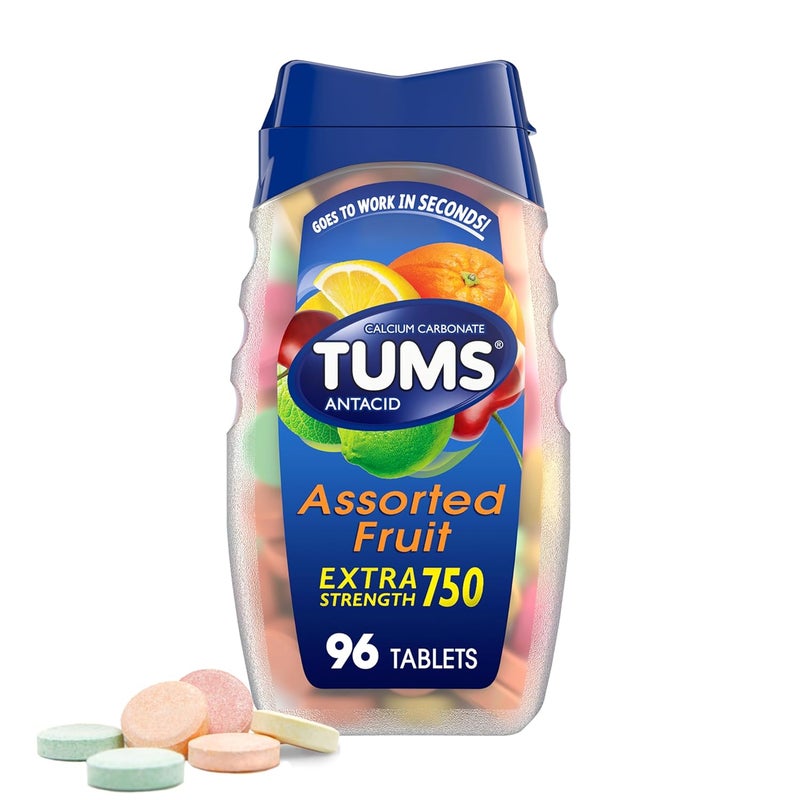 TUMS أقراص تومس القابلة للمضغ مضادة للحموضة قوة إضافية لتخفيف حرقة المعدة بنكهات فواكه متنوعة 96 حبة - Image 1