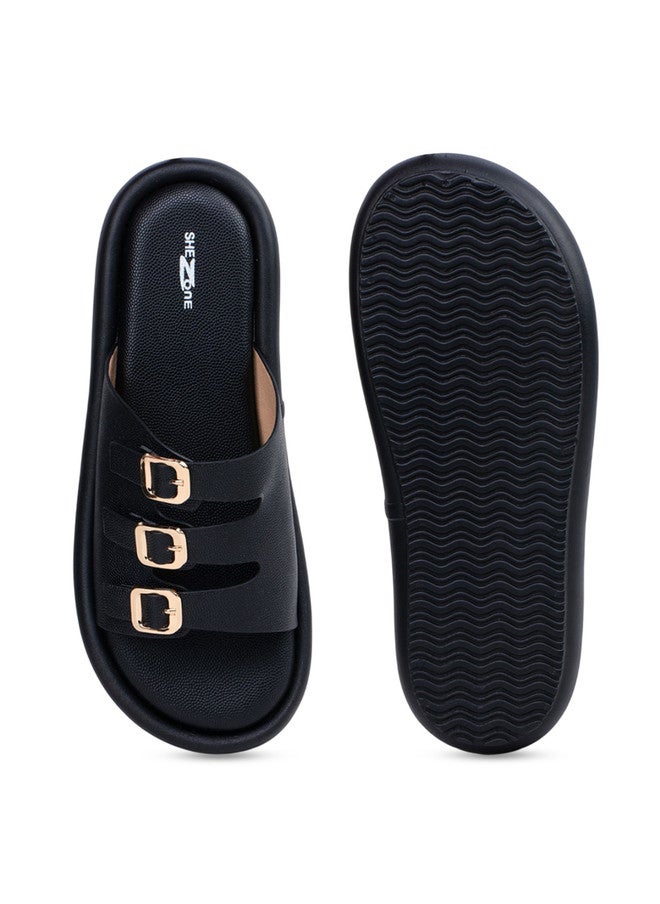 She Zone صنادل مفتوحة من الأمام باللون الأسود للنساء - Image 5