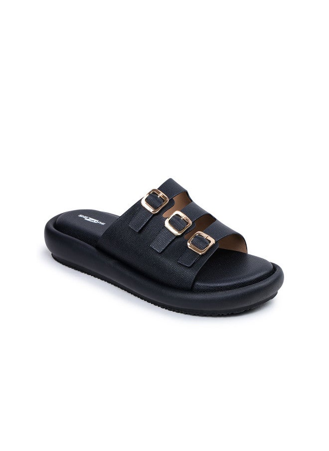 She Zone صنادل مفتوحة من الأمام باللون الأسود للنساء - Image 2