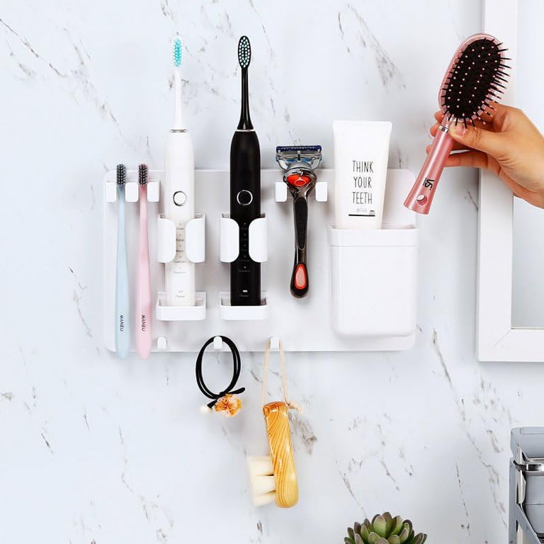 HOME CUBE HOME CUBE Wall-Mounted Toothbrush Organiser, Self-Adhesive Bathroom Storage Holder for Electric Toothbrush, Toothpaste, Razor, Shaver, Loofah, Towel, Comb, Cream, Lotion - White - Image 2