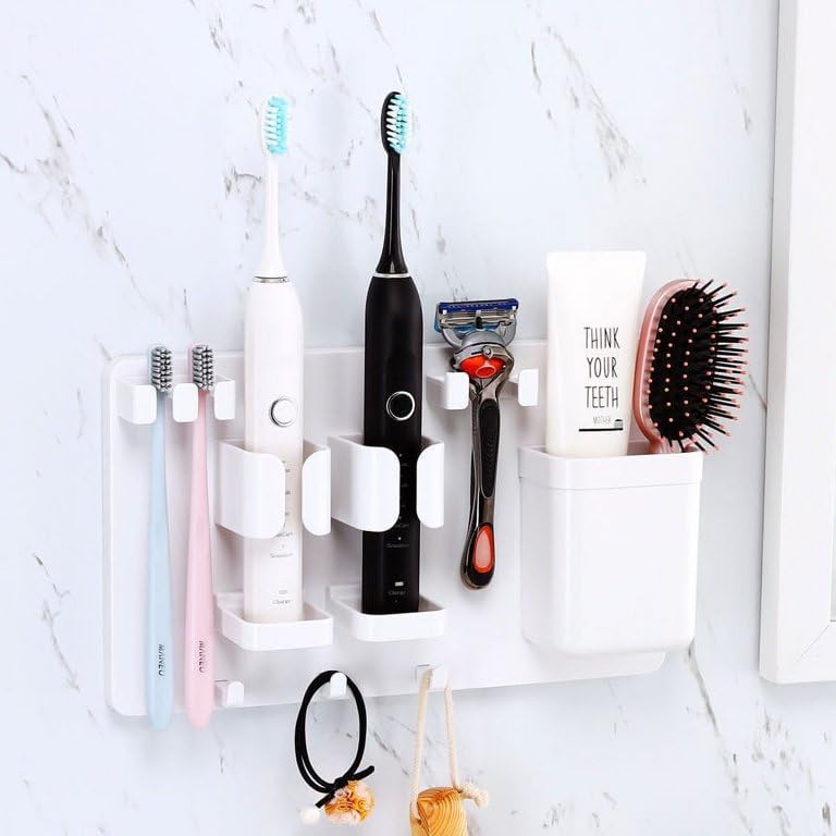 HOME CUBE HOME CUBE Wall-Mounted Toothbrush Organiser, Self-Adhesive Bathroom Storage Holder for Electric Toothbrush, Toothpaste, Razor, Shaver, Loofah, Towel, Comb, Cream, Lotion - White - Image 3