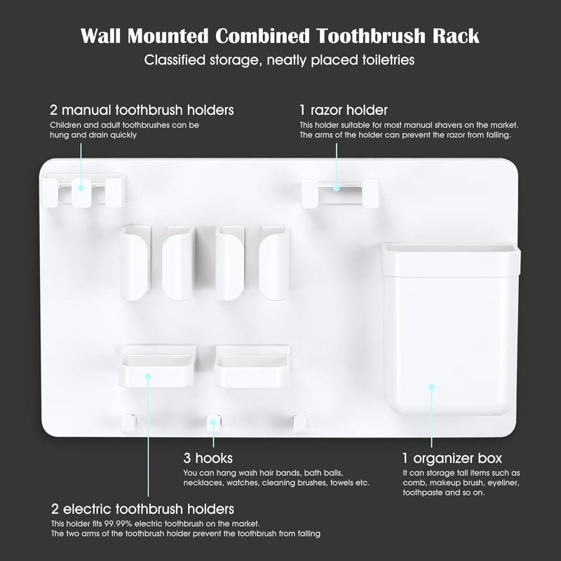 HOME CUBE HOME CUBE Wall-Mounted Toothbrush Organiser, Self-Adhesive Bathroom Storage Holder for Electric Toothbrush, Toothpaste, Razor, Shaver, Loofah, Towel, Comb, Cream, Lotion - White - Image 4