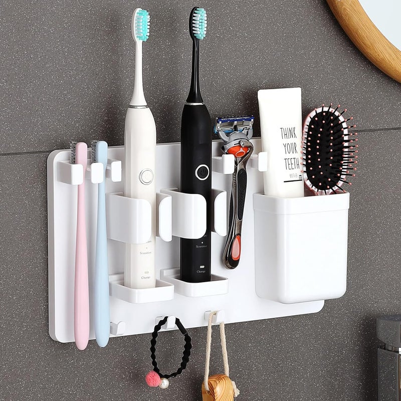 HOME CUBE HOME CUBE Wall-Mounted Toothbrush Organiser, Self-Adhesive Bathroom Storage Holder for Electric Toothbrush, Toothpaste, Razor, Shaver, Loofah, Towel, Comb, Cream, Lotion - White - Image 1