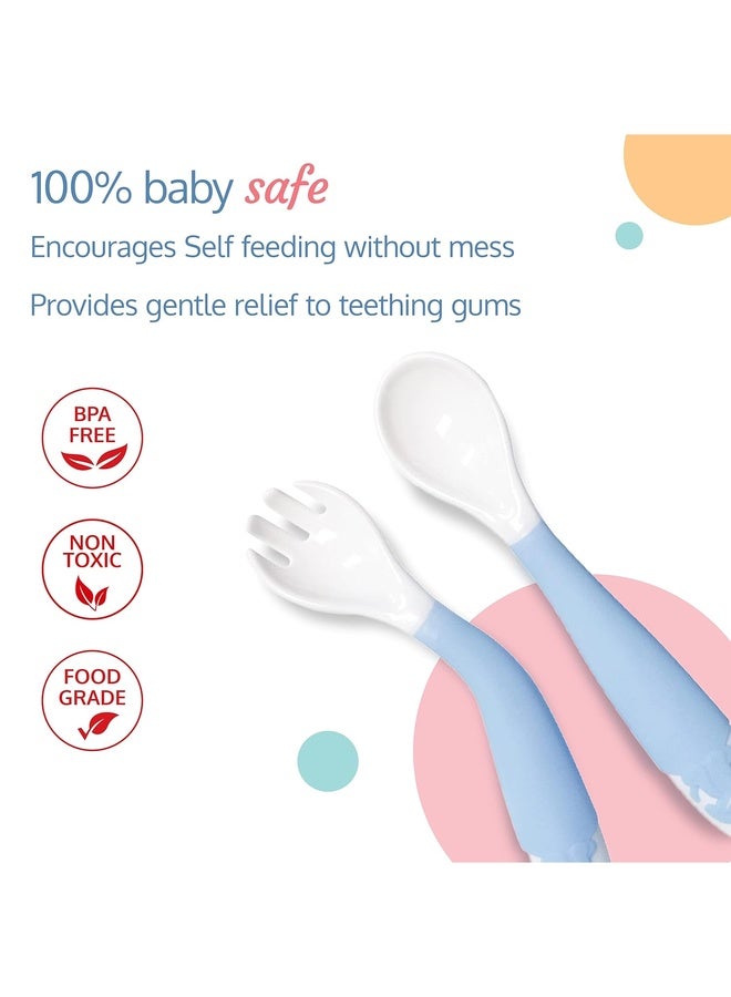 Luvlap Bendable Weaning Spoon & Fork Set with Rounded Tip,Baby Feeding Spoons, Baby Self Feeding, Baby Cutlery, Heat-Resistant Soft Silicone for Toddler, Bpa Free, Food-Grade Material (Blue), 14.5 CM - Image 3