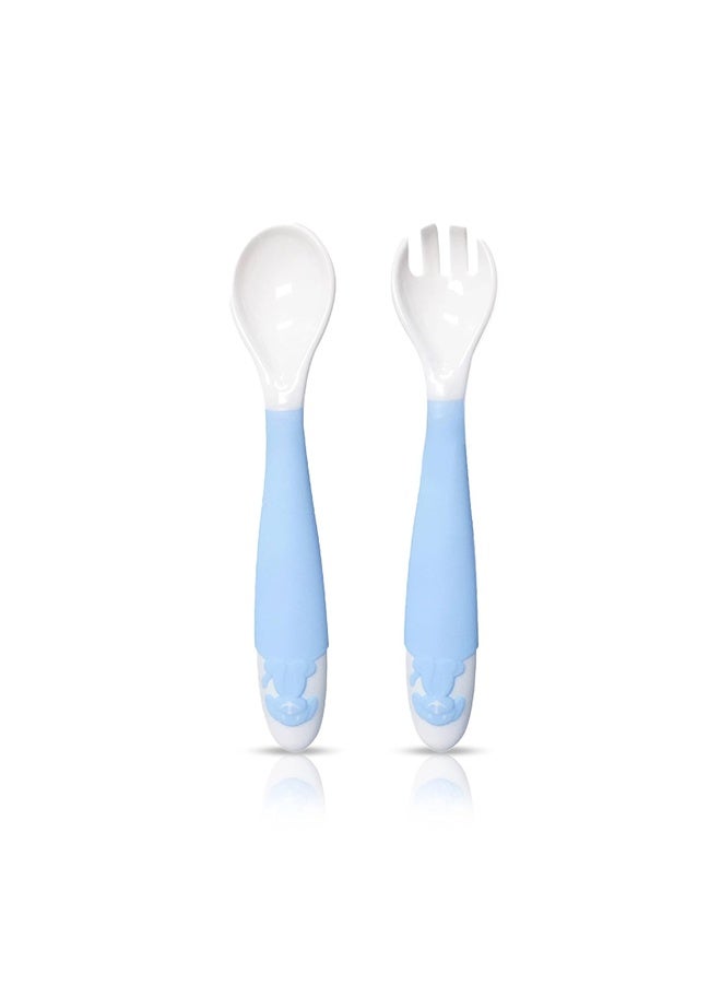 Luvlap Bendable Weaning Spoon & Fork Set with Rounded Tip,Baby Feeding Spoons, Baby Self Feeding, Baby Cutlery, Heat-Resistant Soft Silicone for Toddler, Bpa Free, Food-Grade Material (Blue), 14.5 CM