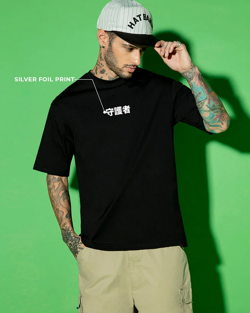 bewakoof Men's Black Guardian Wings Graphic Printed Oversized T-shirt