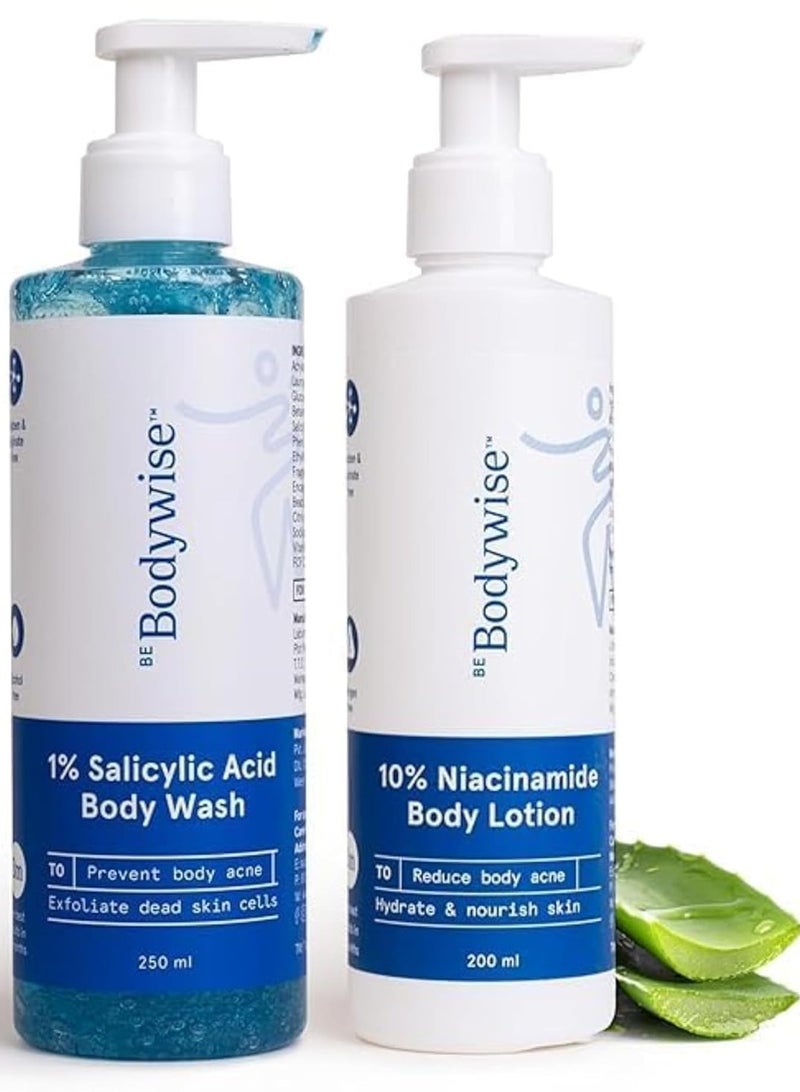 Be Bodywise Body Acne Reduction Kit with 1% Salicylic Acid Body Wash 10% Niacinamide Hydrating Face Body Lotion 450 mL - Image 1