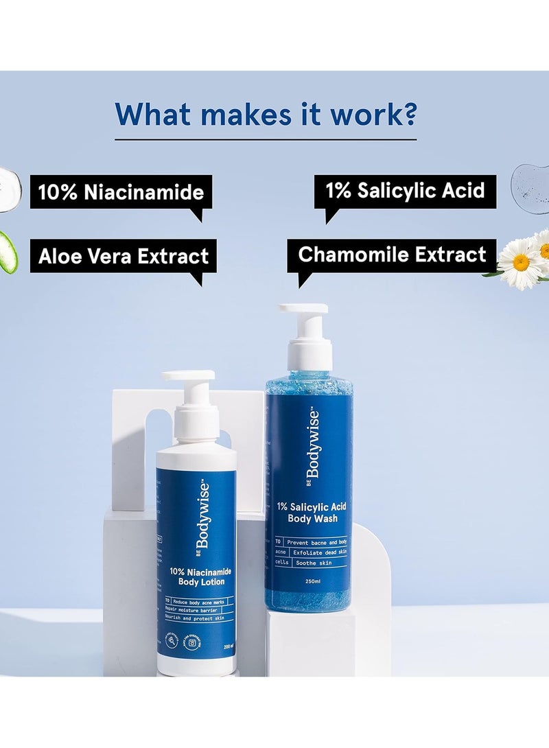 Be Bodywise Body Acne Reduction Kit with 1% Salicylic Acid Body Wash 10% Niacinamide Hydrating Face Body Lotion 450 mL - Image 4