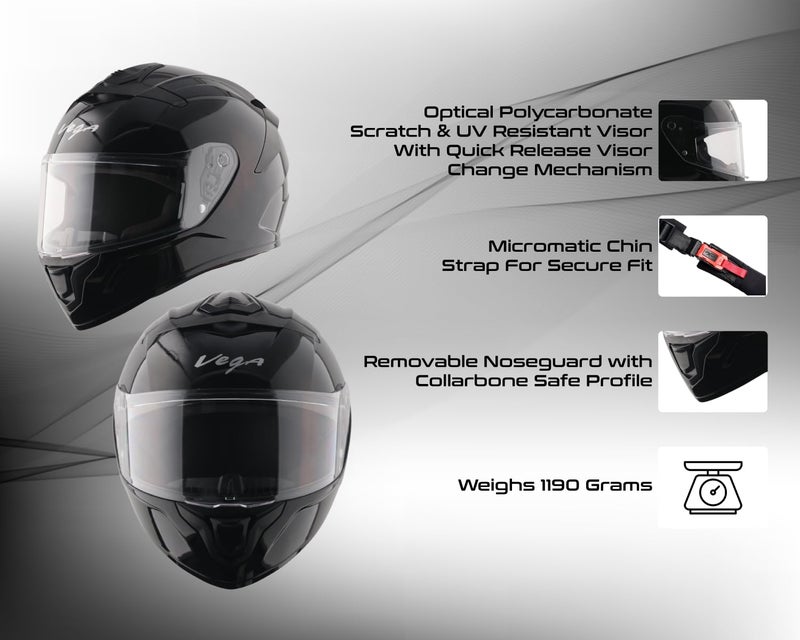 Vega VF 10 Turbo Solid Full Face Motorcycle Helmet with Shock-Absorbing Liner, Lightweight Build, Aerodynamic Fit, Ventilated Interior, Comfortable Fit, and Trendy Black Finish Black L - Image 4