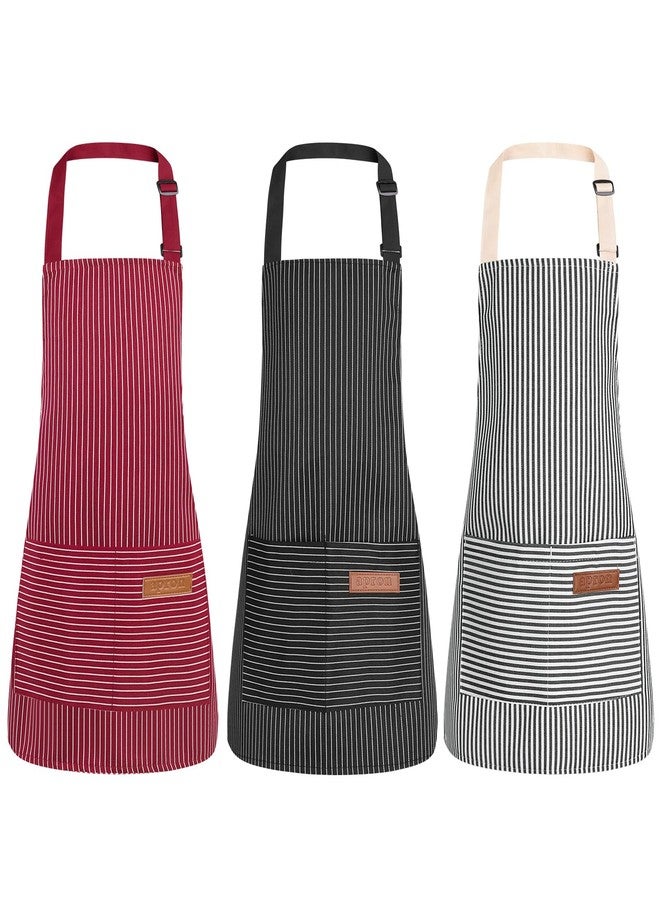 XLSXEXCL 3 Pack Stripes Kids Apron, Adjustable Kids Cooking Aprons with 2 Pockets, Cute Kitchen Chef Baking Aprons for Boys and Girls for Cooking, Cleaning, Painting (Black, gray, red, 45x50cm) - Image 1