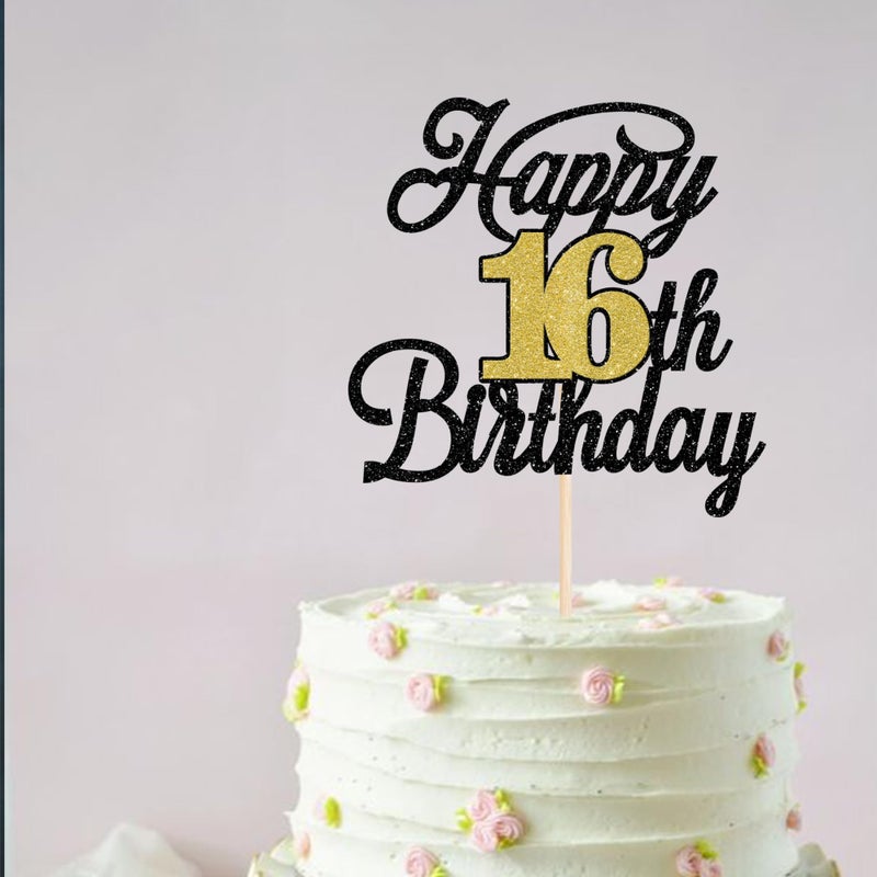 RSSTARXI 1 حزمة Happy16 عيد ميلاد كعكة Topper Glitter 16 رائع كعكة الديكور Hello 16 هتافات إلى 16 سنة اختيار كعكة للاختيار لعيد ميلاد سعيد السادس عشر ديكورات الحفلات الأسود الذهب الأسود - Image 5
