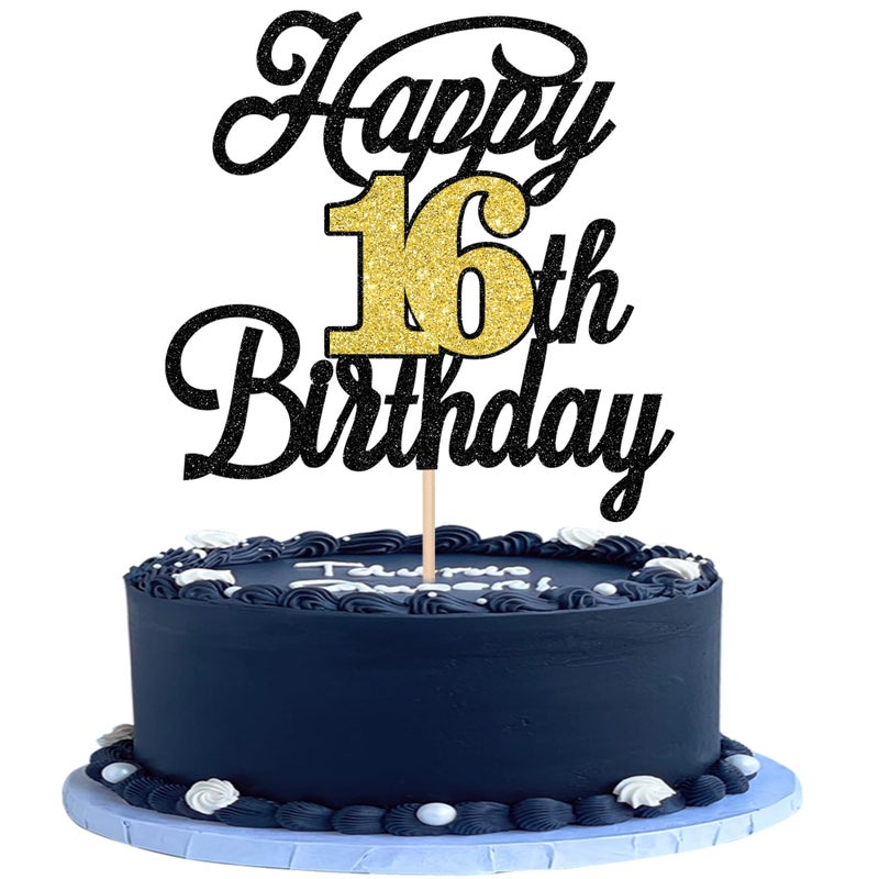 RSSTARXI 1 حزمة Happy16 عيد ميلاد كعكة Topper Glitter 16 رائع كعكة الديكور Hello 16 هتافات إلى 16 سنة اختيار كعكة للاختيار لعيد ميلاد سعيد السادس عشر ديكورات الحفلات الأسود الذهب الأسود - Image 1