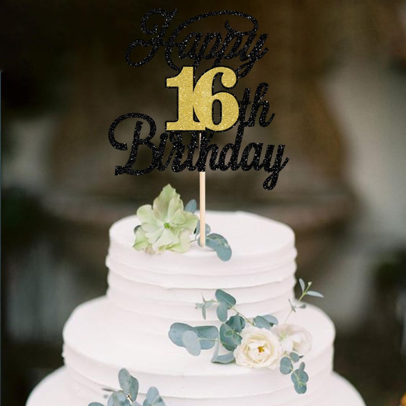 RSSTARXI 1 حزمة Happy16 عيد ميلاد كعكة Topper Glitter 16 رائع كعكة الديكور Hello 16 هتافات إلى 16 سنة اختيار كعكة للاختيار لعيد ميلاد سعيد السادس عشر ديكورات الحفلات الأسود الذهب الأسود - Image 4
