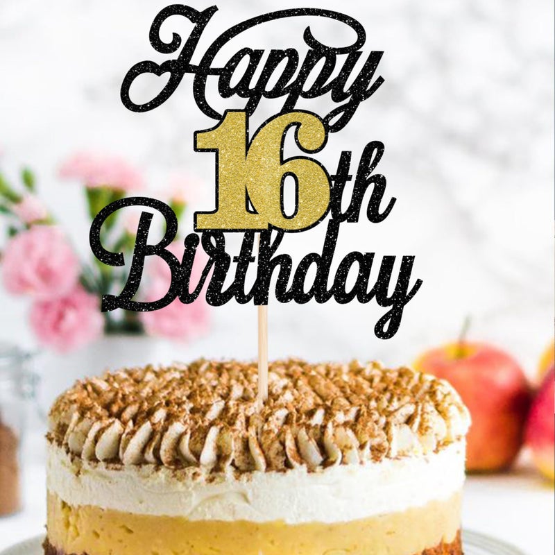 RSSTARXI 1 حزمة Happy16 عيد ميلاد كعكة Topper Glitter 16 رائع كعكة الديكور Hello 16 هتافات إلى 16 سنة اختيار كعكة للاختيار لعيد ميلاد سعيد السادس عشر ديكورات الحفلات الأسود الذهب الأسود - Image 3