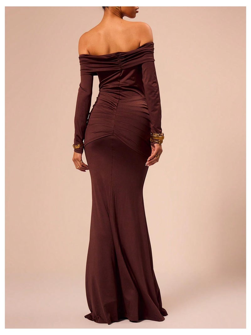 Verdusa Women's Wedding Guest Off Shoulder Maxi Dresses Ruched Bodycon Elegant Dresses Coffee Large - Image 2