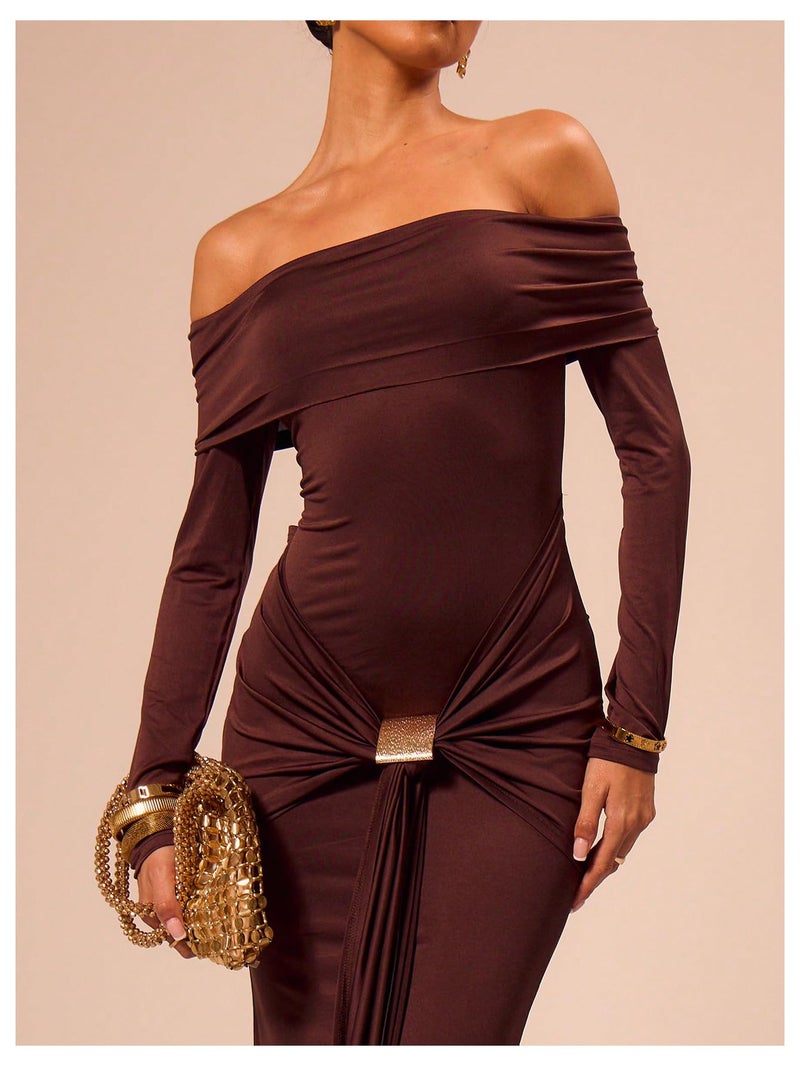 Verdusa Women's Wedding Guest Off Shoulder Maxi Dresses Ruched Bodycon Elegant Dresses Coffee Large - Image 3