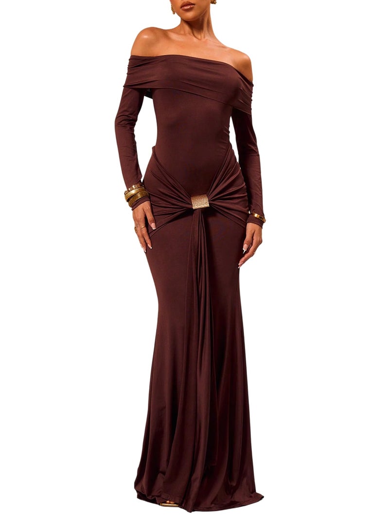 Verdusa Women's Wedding Guest Off Shoulder Maxi Dresses Ruched Bodycon Elegant Dresses Coffee Large - Image 1