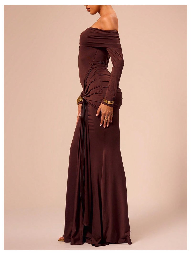 Verdusa Women's Wedding Guest Off Shoulder Maxi Dresses Ruched Bodycon Elegant Dresses Coffee Large - Image 4