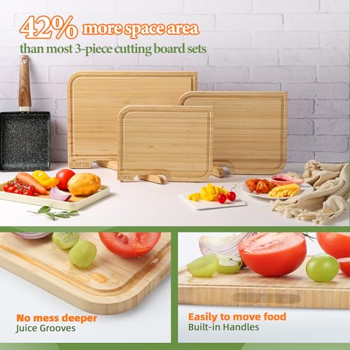 GolfFox 4-PCS Bamboo Cutting Board Set with Innovative Stand - Durable Double Sided Wooden Cutting Board with Juice Groove & Handle for Meal Prep, Meat, Charcuterie Serving, Eco-Friendly Healthy Kitchen Gift - Image 4