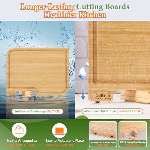 GolfFox 4-PCS Bamboo Cutting Board Set with Innovative Stand - Durable Double Sided Wooden Cutting Board with Juice Groove & Handle for Meal Prep, Meat, Charcuterie Serving, Eco-Friendly Healthy Kitchen Gift - Image 3